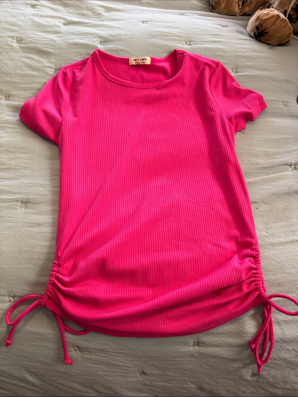 Heart & Hips Ribbed Short Sleeve Top in Hot Pink with Side Ties
